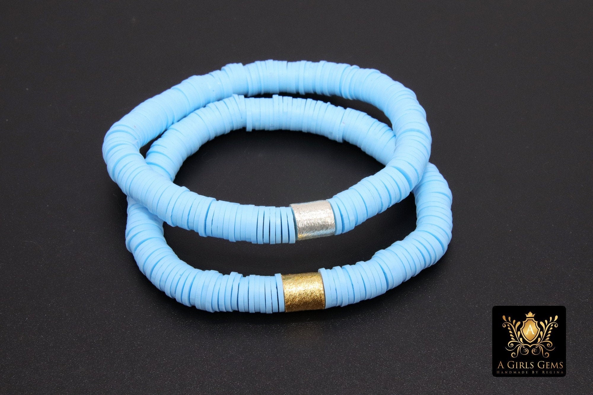 Heishi Beaded Bracelet, Baby Blue with Silver or Gold Drum Bead Stretchy Bracelet #698 - A Girls Gems