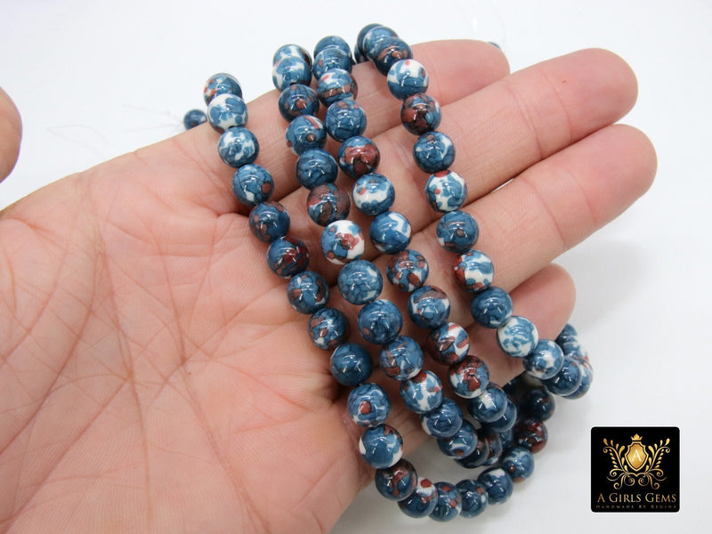 Smooth Round White and Blue Beads, Navy and Rust Jewelry Beads BS 