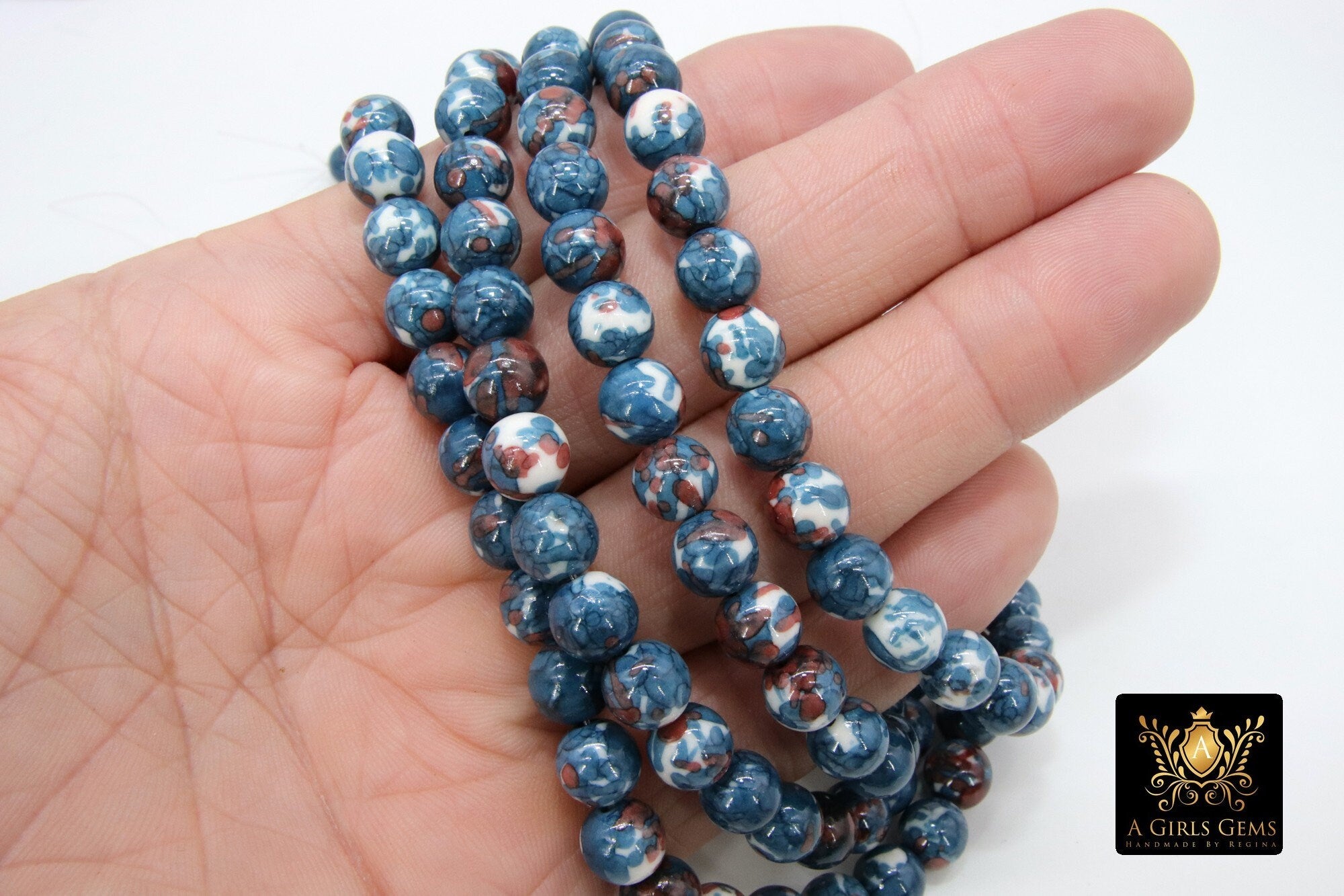Smooth Round White and Blue Beads, Navy and Rust Jewelry Beads BS #89, sizes in 8 mm 15.75 inch Strands