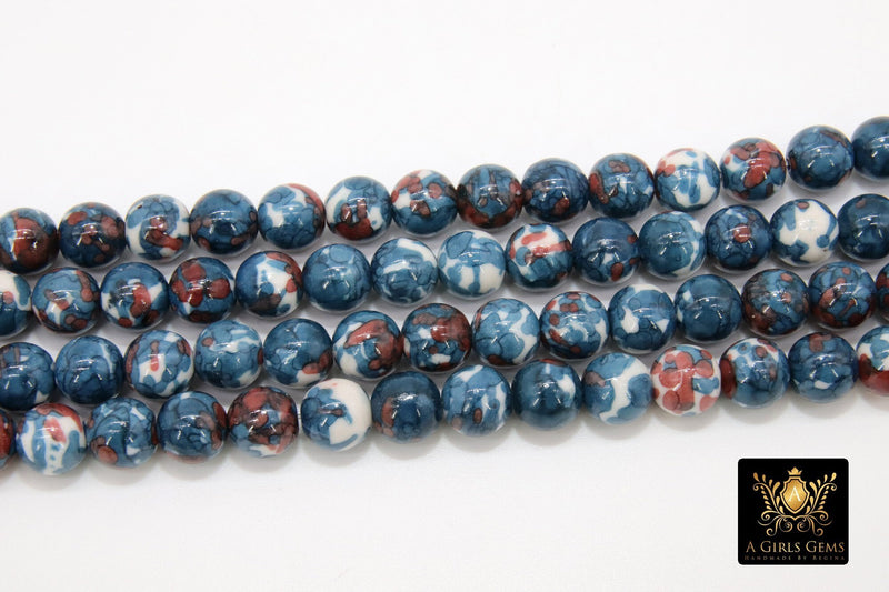 Smooth Round White and Blue Beads, Navy and Rust Jewelry Beads BS 