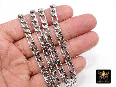 Silver Curb Chain, 304 Stainless Steel Large Figaro Flat 7 x 10 mm LK #511, Cuban Figaro Style Heavy Oval Unfinished Gold Chains