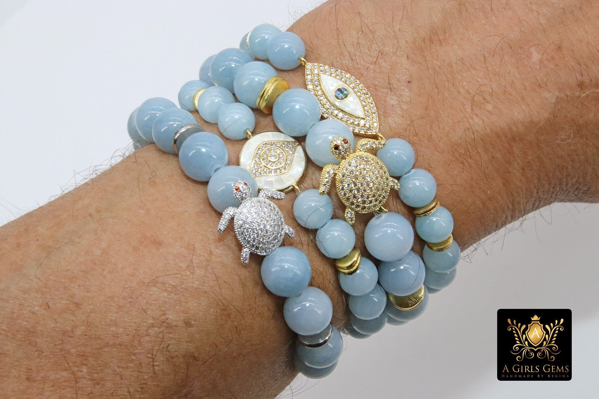 CZ Turtle Beach Bracelets, Baby Blue Beaded White Evil Eye Boho