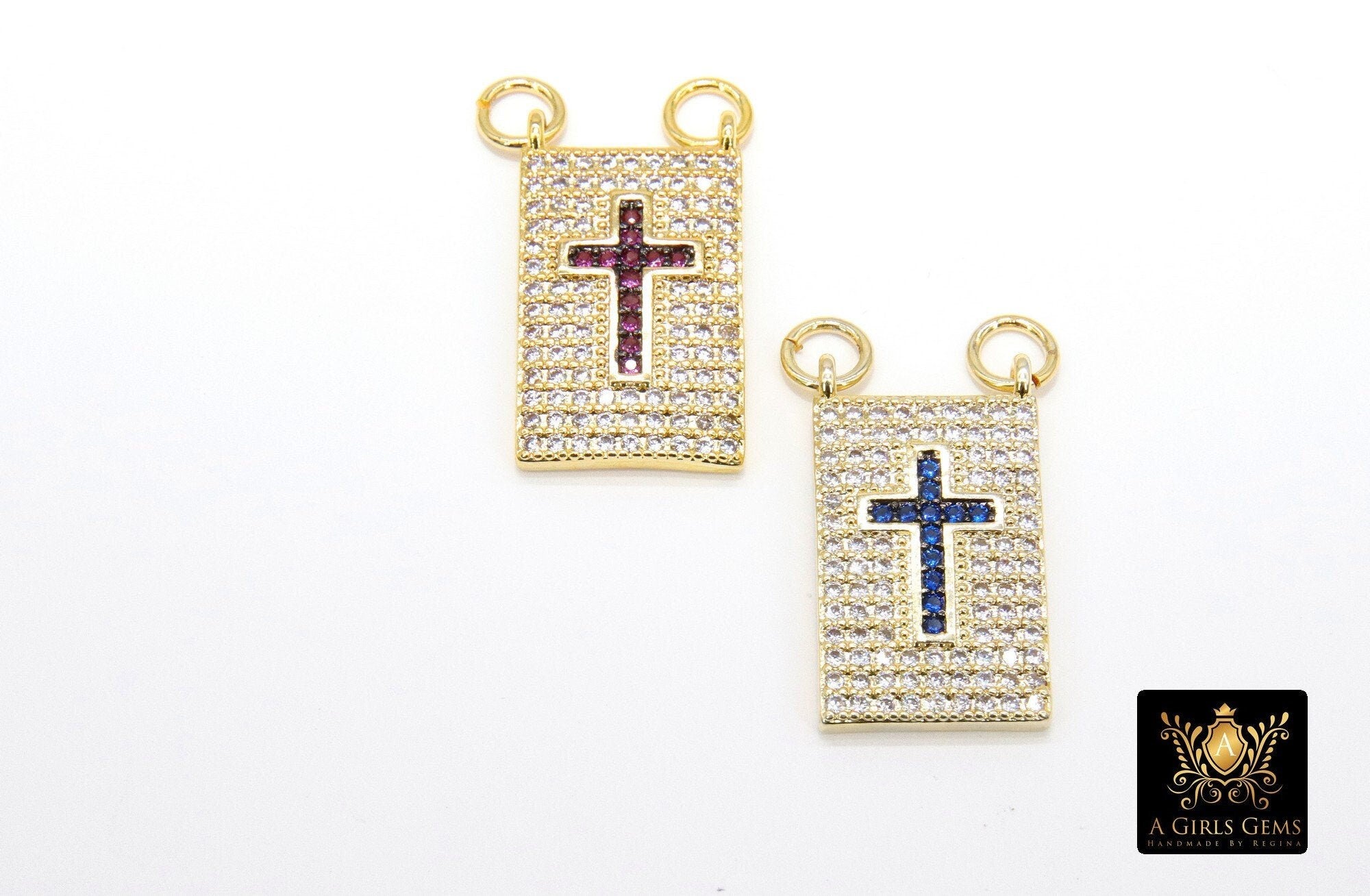 CZ Pave Blue Cross Scapular, Gold Pink Style Rectangle Charms, AG 447, Two Loop Religious Pendants