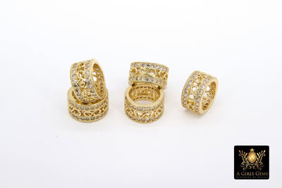 CZ Pave Gold Large Hole Tube Bead, Big Hole Bead Spacer Beads in DIY Jewelry, 10 mm with 5.0-6.0 mm Holes - A Girls Gems