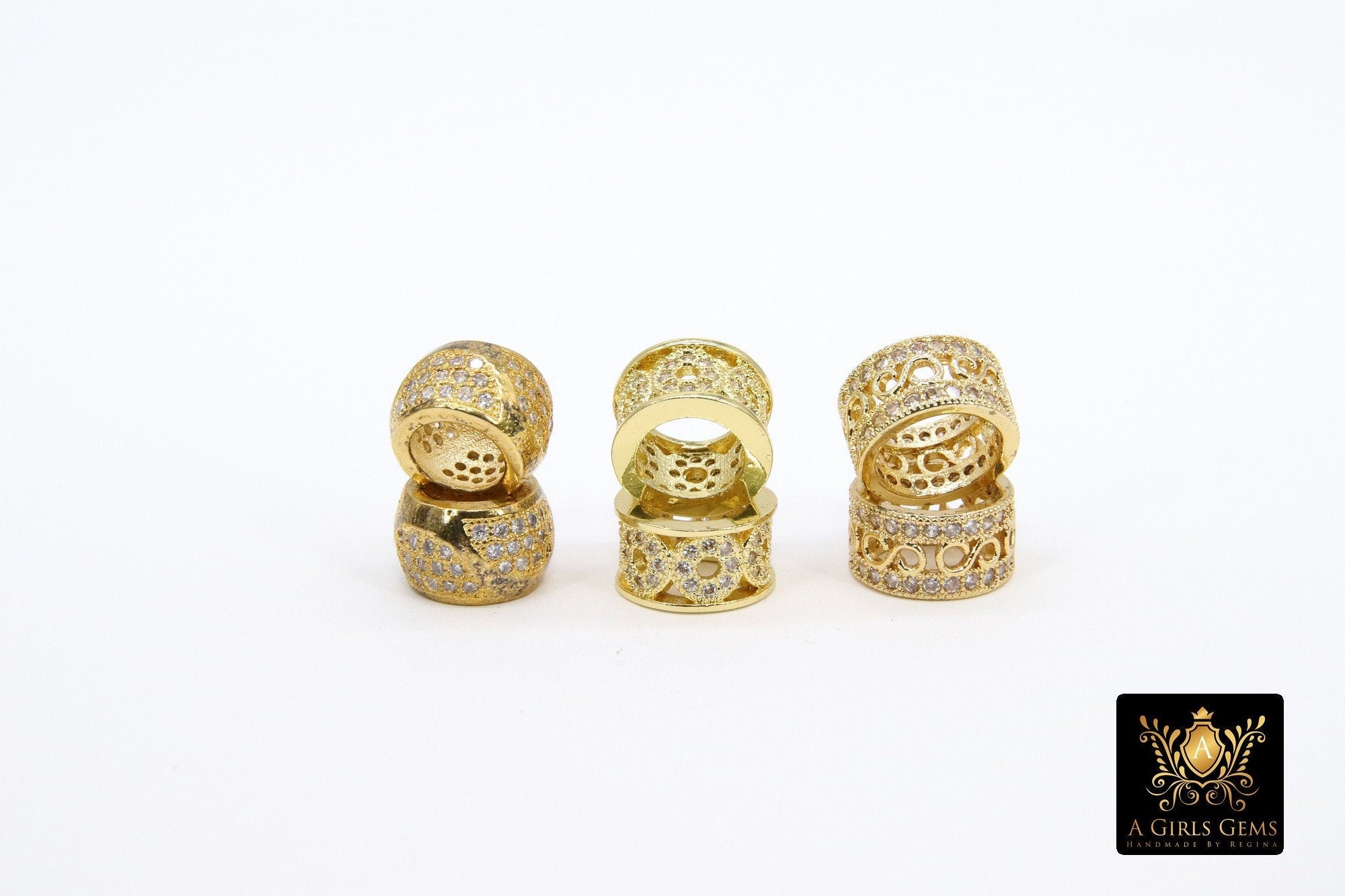 CZ Pave Gold Large Hole Tube Bead, Big Hole Bead Spacer Beads in DIY Jewelry, 10 mm with 5.0-6.0 mm Holes - A Girls Gems