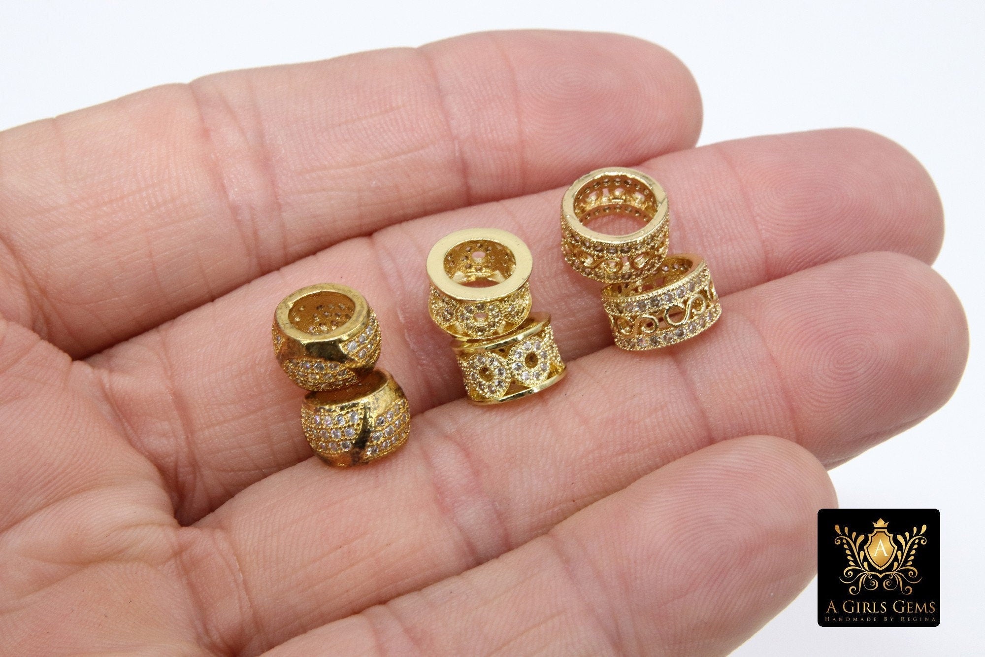CZ Pave Gold Large Hole Tube Bead, Big Hole Bead Spacer Beads in DIY Jewelry, 10 mm with 5.0-6.0 mm Holes - A Girls Gems