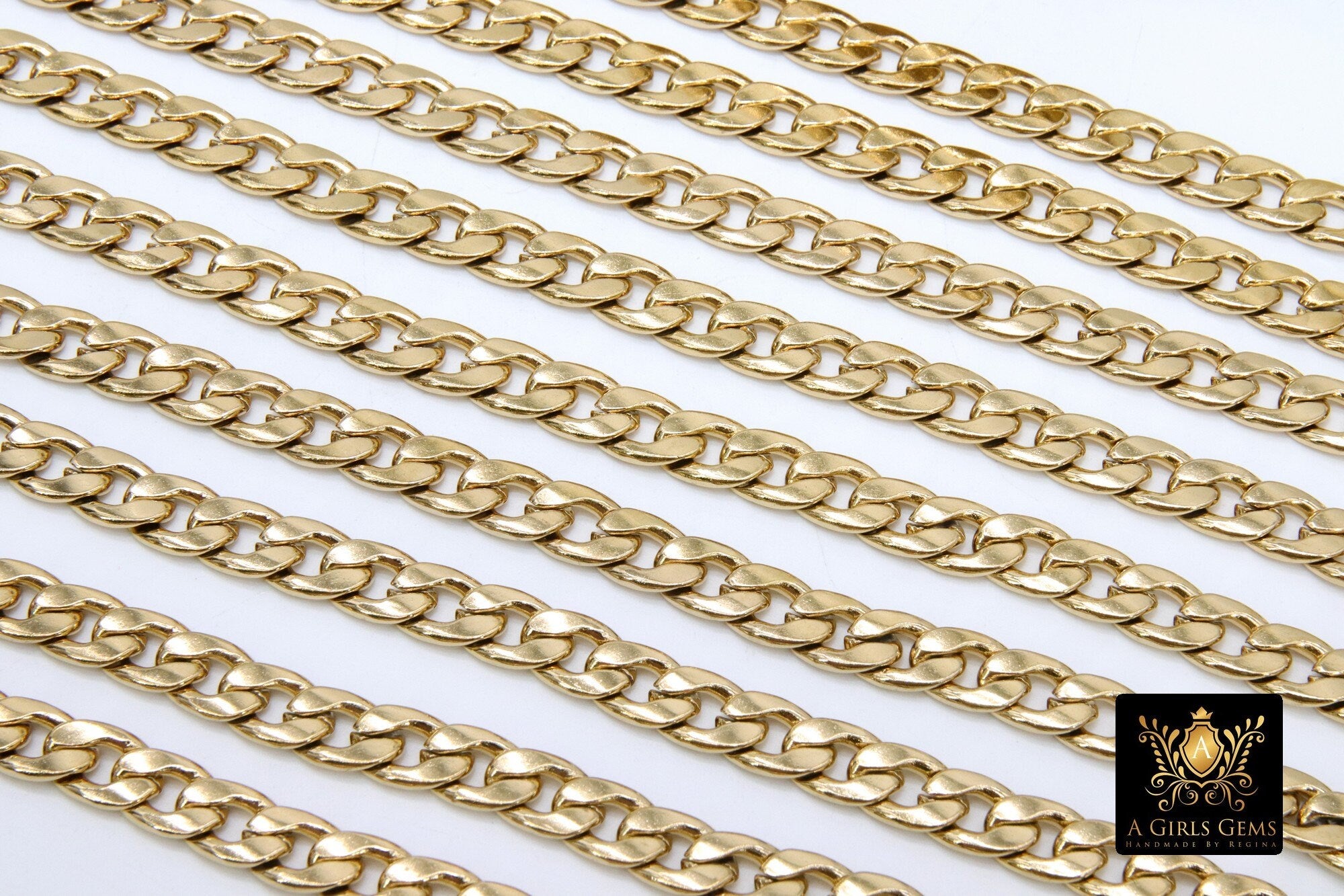 Stainless Steel Chain, 304 Gold Flat Curb 10 mm Chains CH #109, Unfinished Curb Chains