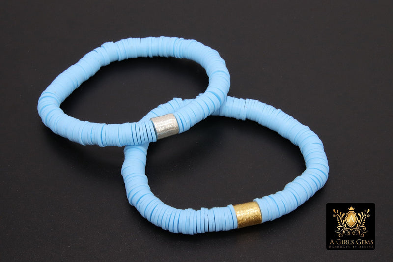 Heishi Beaded Bracelet, Baby Blue with Silver or Gold Drum Bead Stretchy Bracelet 