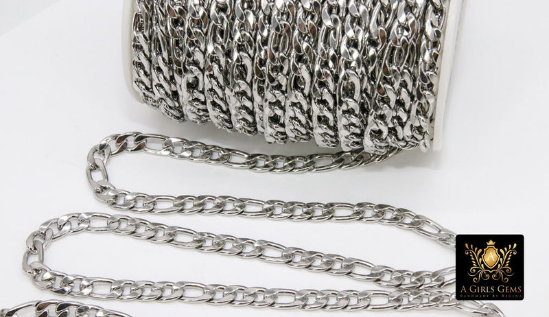 Silver Curb Chain, 304 Stainless Steel Large Figaro Flat 7 x 10 mm LK 