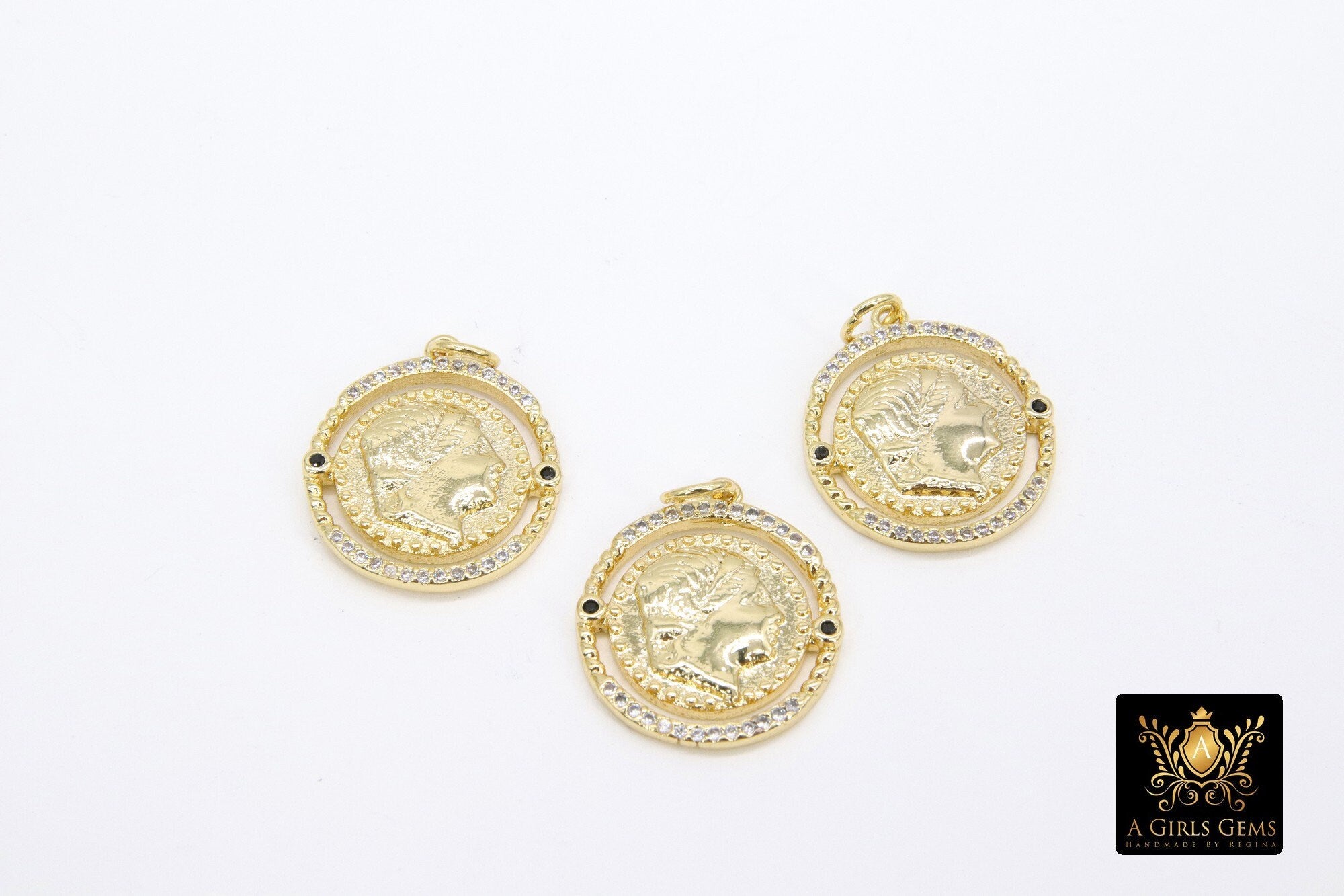Gold Coin Charm, 4 Styles CZ Pave Round Disc Charms #2655, Athena Owl