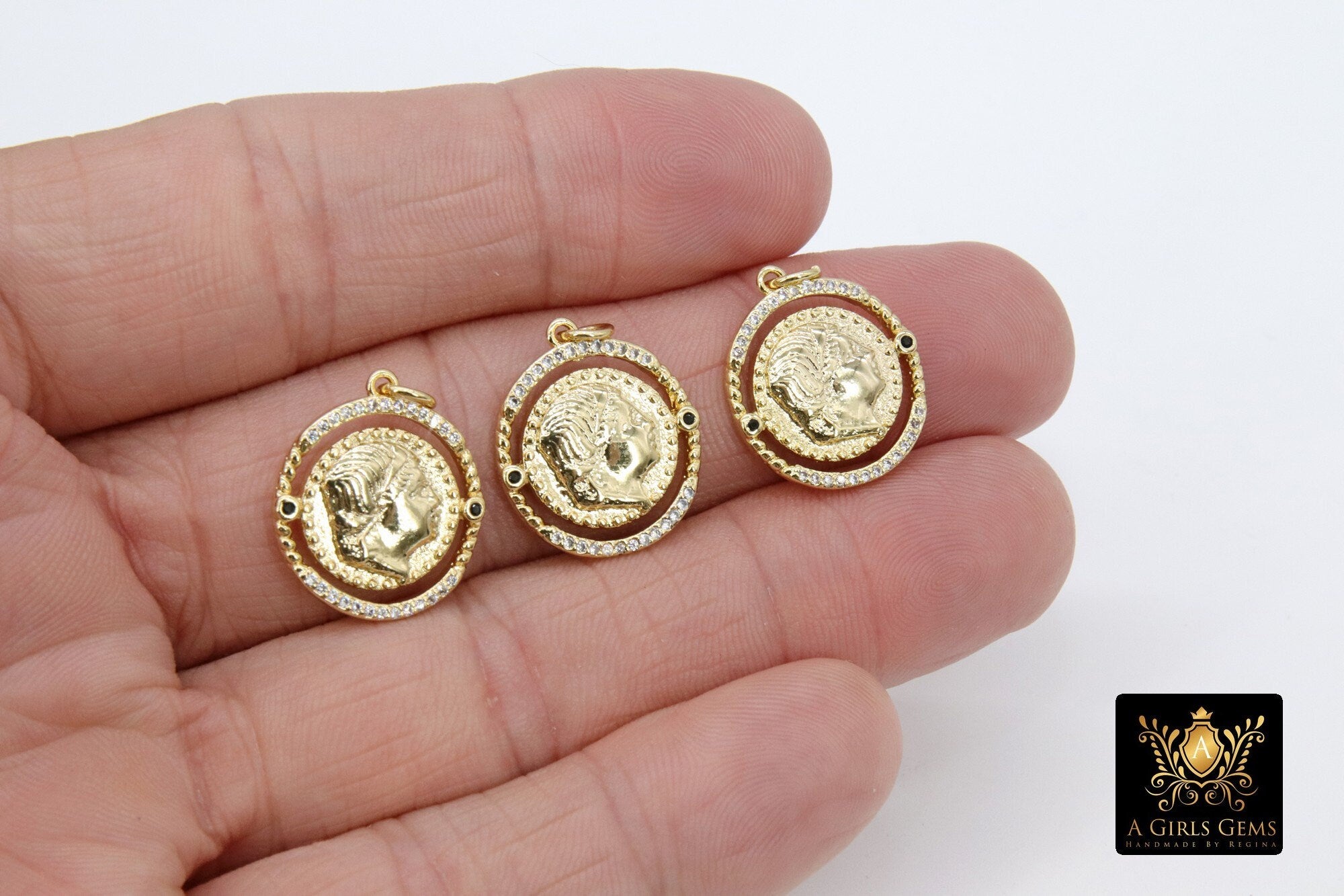 Gold Coin Charm, 4 Styles CZ Pave Round Disc Charms #2655, Athena Owl