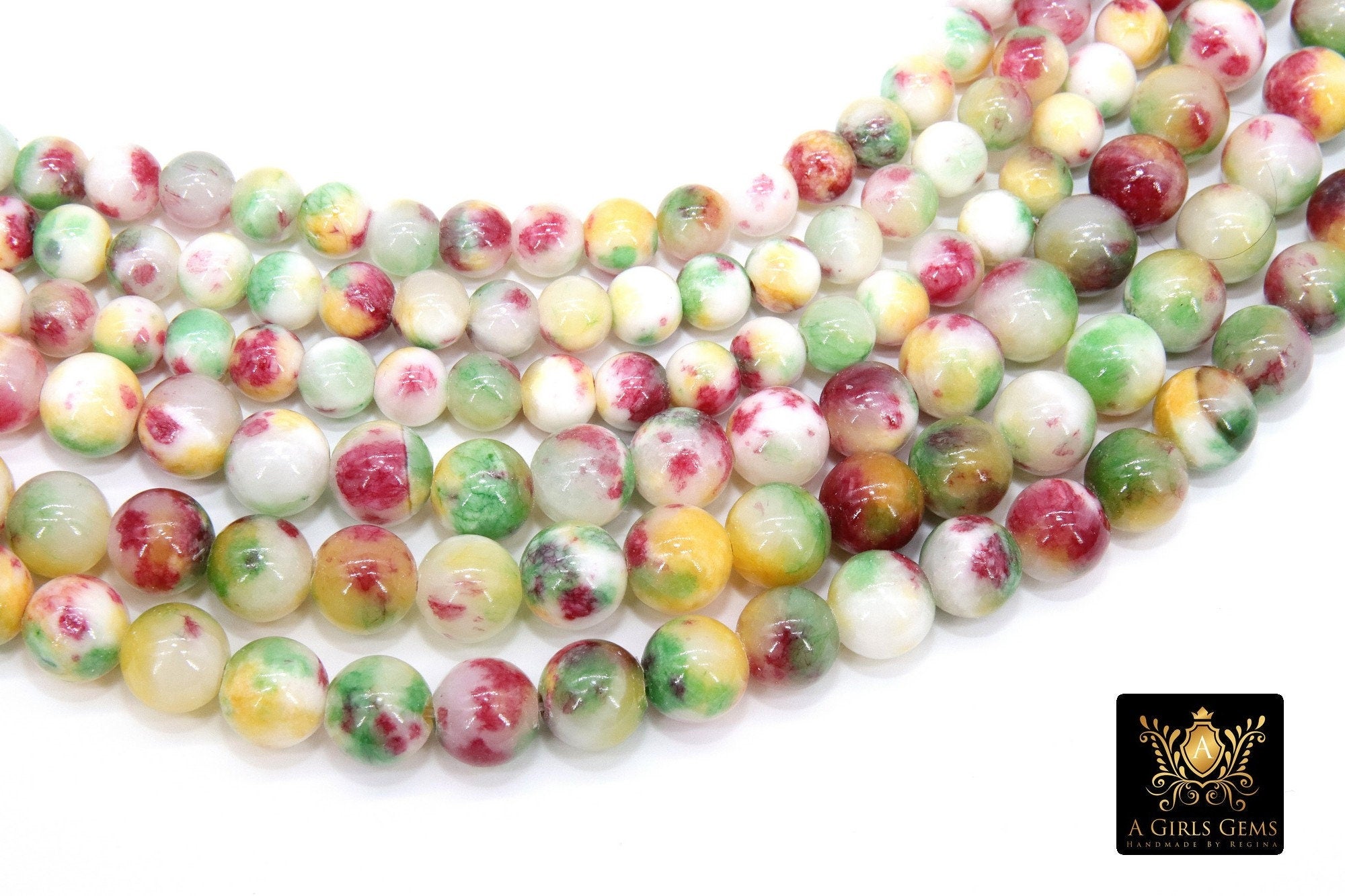 Red and Lime Green Beads, Smooth Mixed Hot Pink Yellow Marble Jade Dyed Beads BS #121 - A Girls Gems
