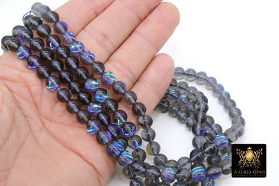 Gray Royal Blue AB Beads, Smooth Multi Color Iridescent Beads BS #111, sizes in 8 mm 15.25 inch FULL Strands