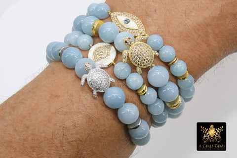 CZ Turtle Beach Bracelets, Baby Blue Beaded White Evil Eye Boho Bracelet, Silver Turtle Nautical Stretchy Cord