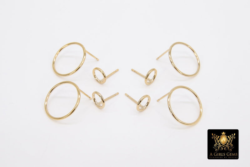 14 K Gold Hoop Stud Earrings, High Quality Gold Filled Round Ring Stud Post Findings 