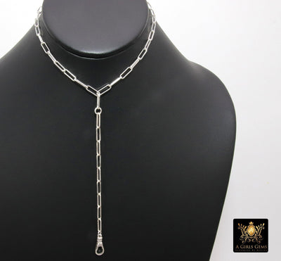 925 Sterling Silver Fob Lariat Necklace, Silver Drawn Rectangle Chain - A Girls Gems