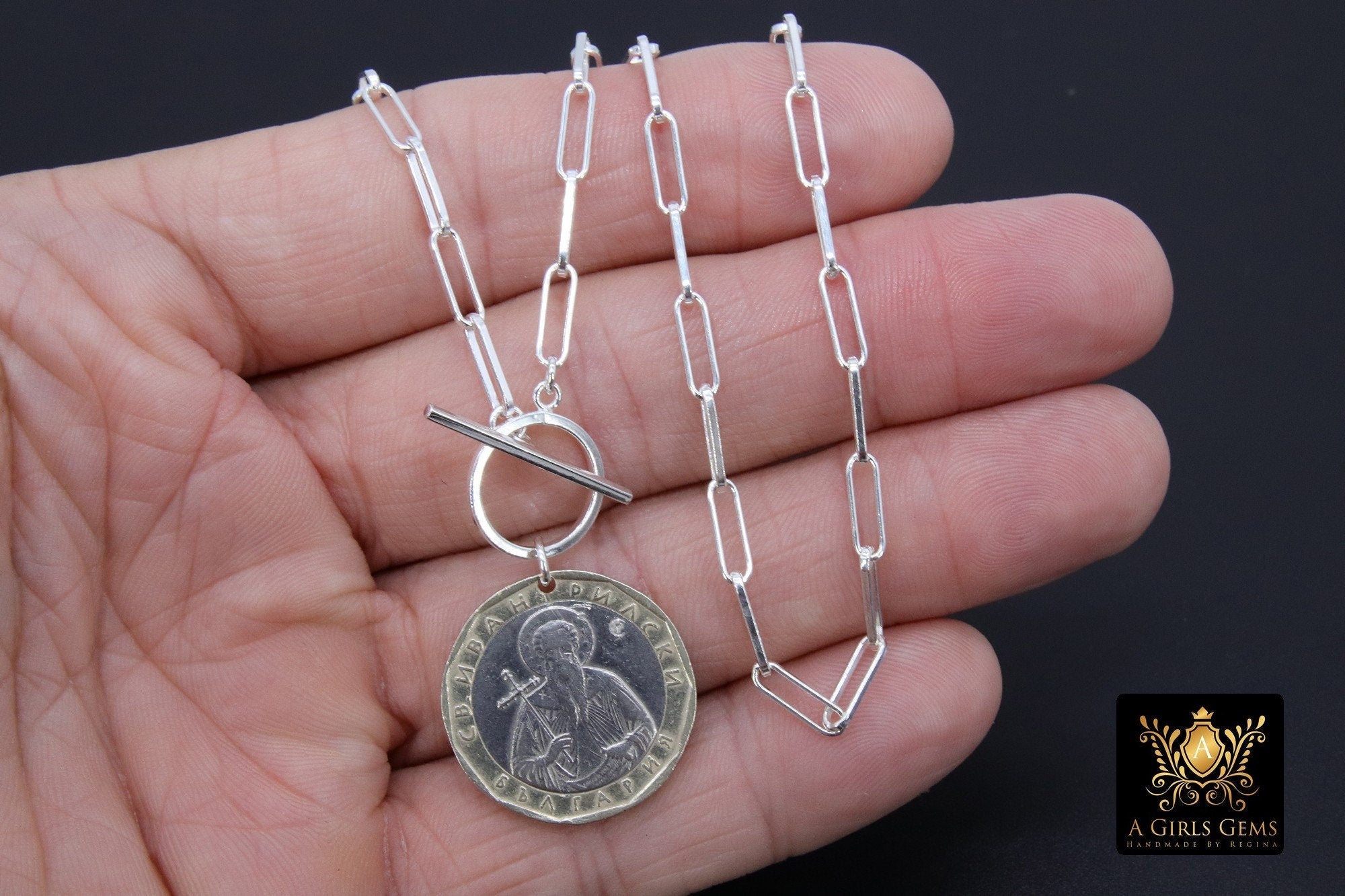 Silver Coin Jesus Holy Cross Necklace, 925 Sterling Silver Medallion Toggle Wrap Necklace, Rectangle Chain