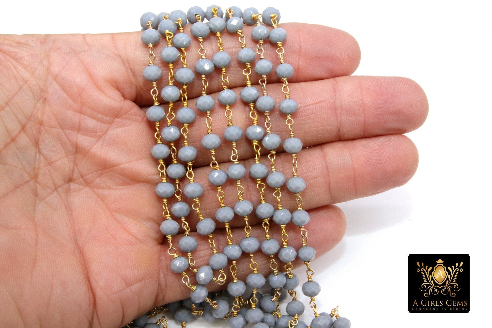 Slate Grey Beaded Rosary Chain, 6 mm Rondelle Crystal Gold Wire Wrapped CH #514, Unfinished Boho Jewelry Chain
