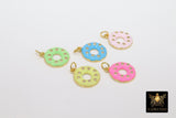 Enamel Round Disc Charm, CZ Pave Aqua Blue and Gold #2668, 14 mm Donut Holes Pink Green or Yellow, Bracelet, Necklace, Huggie Charms