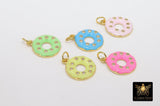 Enamel Round Disc Charm, CZ Pave Aqua Blue and Gold #2668, 14 mm Donut Holes Pink Green or Yellow, Bracelet, Necklace, Huggie Charms
