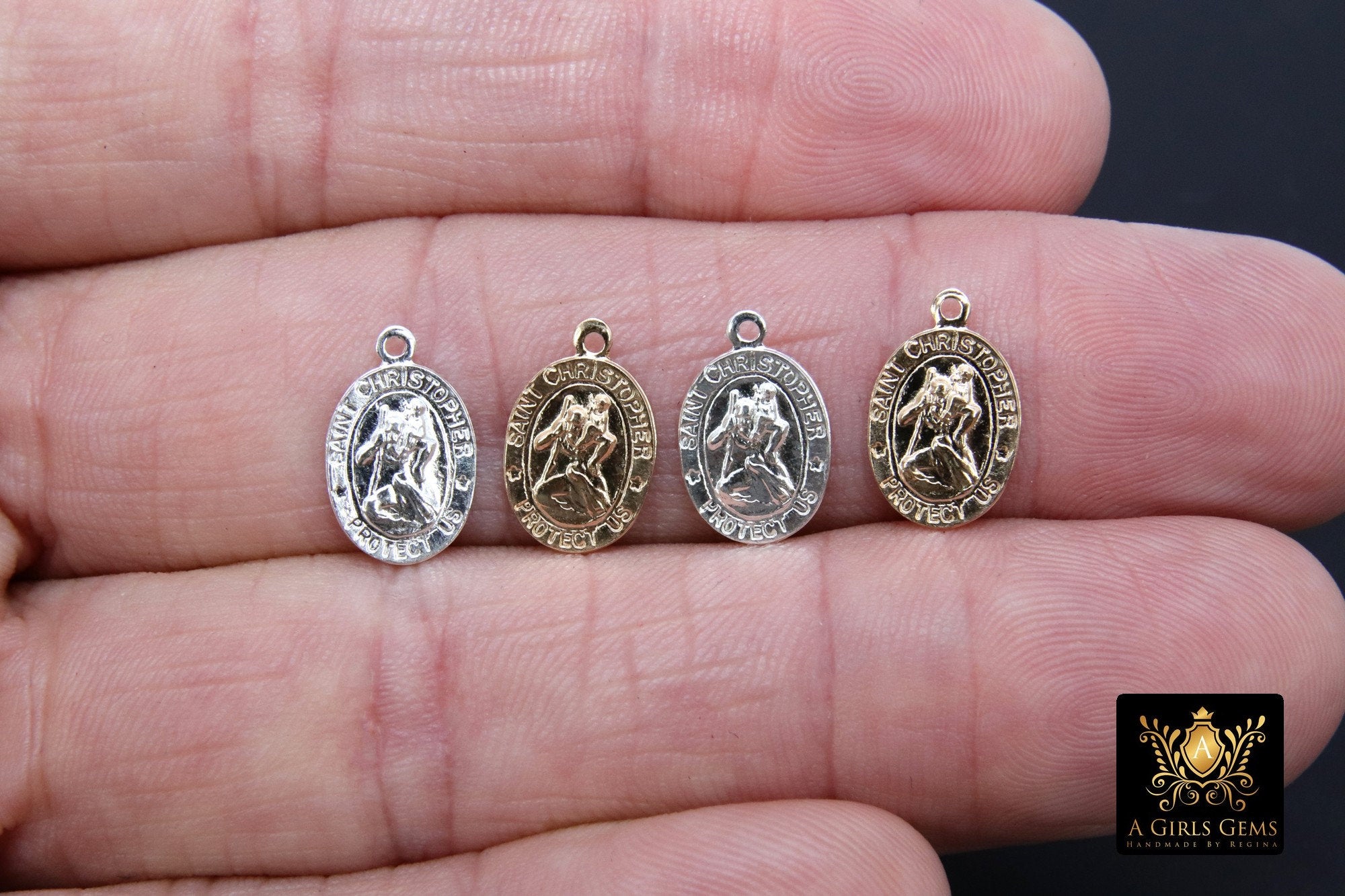 14 K Gold filled St Christopher Charm, Oval 925 Sterling Silver Religious Bracelet Medals #748, Protection Necklace
