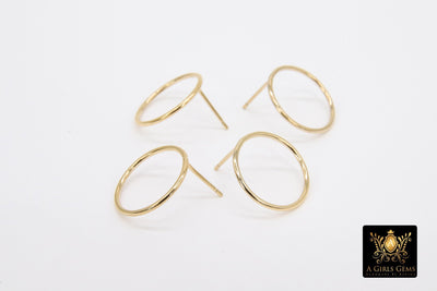 14 K Gold Hoop Stud Earrings, High Quality Gold Filled Round Ring Stud Post Findings #2798, 7, 10, 15 mm Minimalist Connector Ring Loops