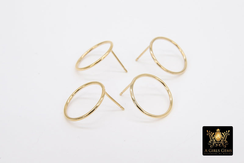14 K Gold Hoop Stud Earrings, High Quality Gold Filled Round Ring Stud Post Findings 