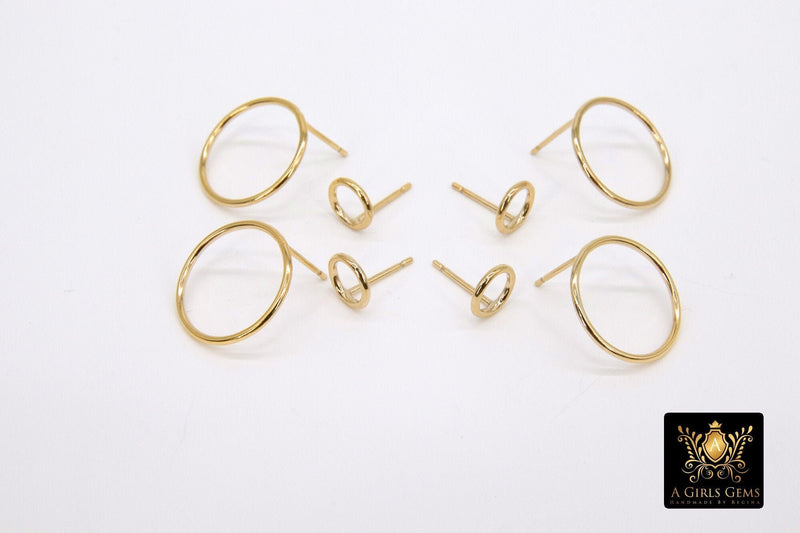 14 K Gold Hoop Stud Earrings, High Quality Gold Filled Round Ring Stud Post Findings 