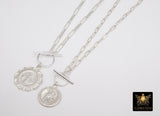 Silver Protection Coin Chain Necklace, 925 Sterling St. Christopher Toggle Double Wrap Choker