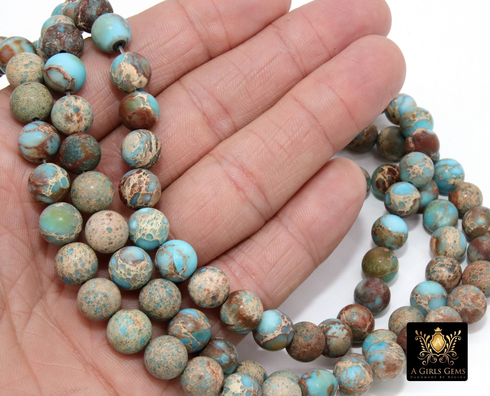 Natural Matte Blue Jasper Beads, Frosted Beige Blue Opalite Imperial Sea Sediment Round Beige Beads BS #7 - A Girls Gems