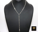 925 Sterling Silver Fob Lariat Necklace, Silver Drawn Rectangle Chain, Front Swivel Clasp Choker