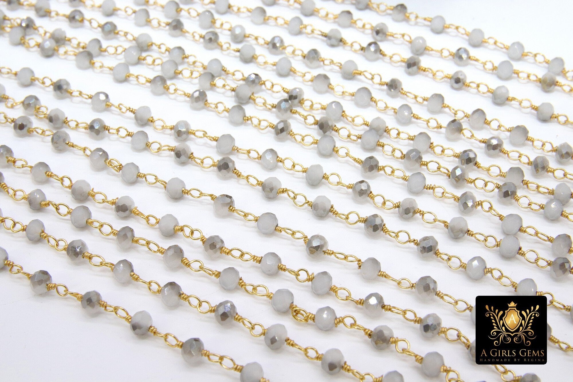 White Rosary Chain, 4 mm Light Gray White AB Beaded Chain CH #422, Gold Wire Wrapped Opalite