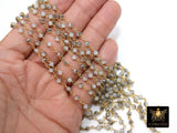 White Rosary Chain, 4 mm Light Gray White AB Beaded Chain CH #422, Gold Wire Wrapped Opalite