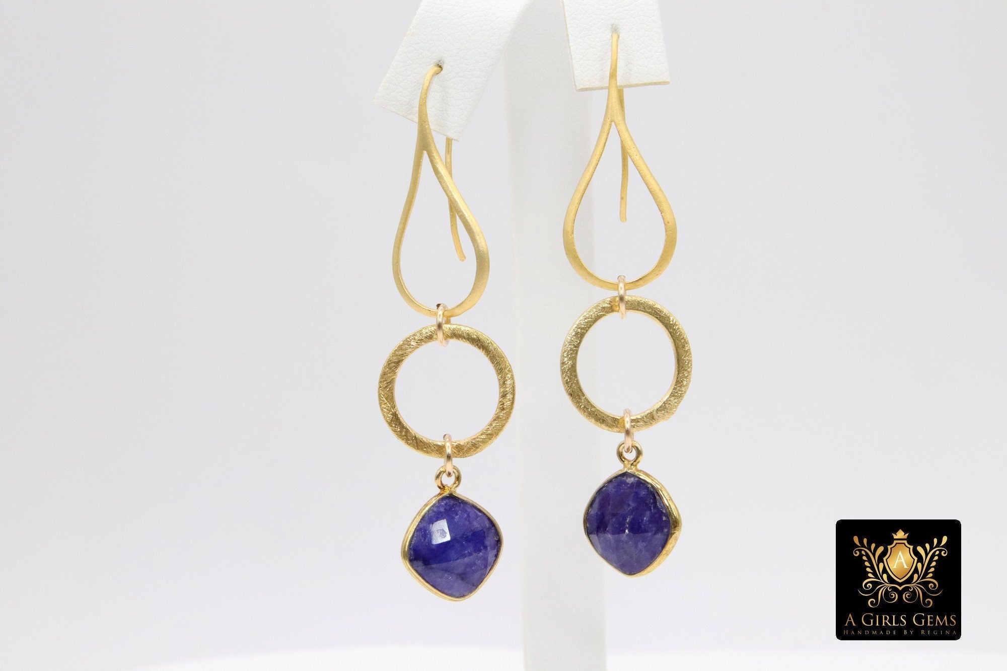 Blue Sapphire Earrings, Long Gemstone Earrings, Gold Dangle Ear Wire Hooks