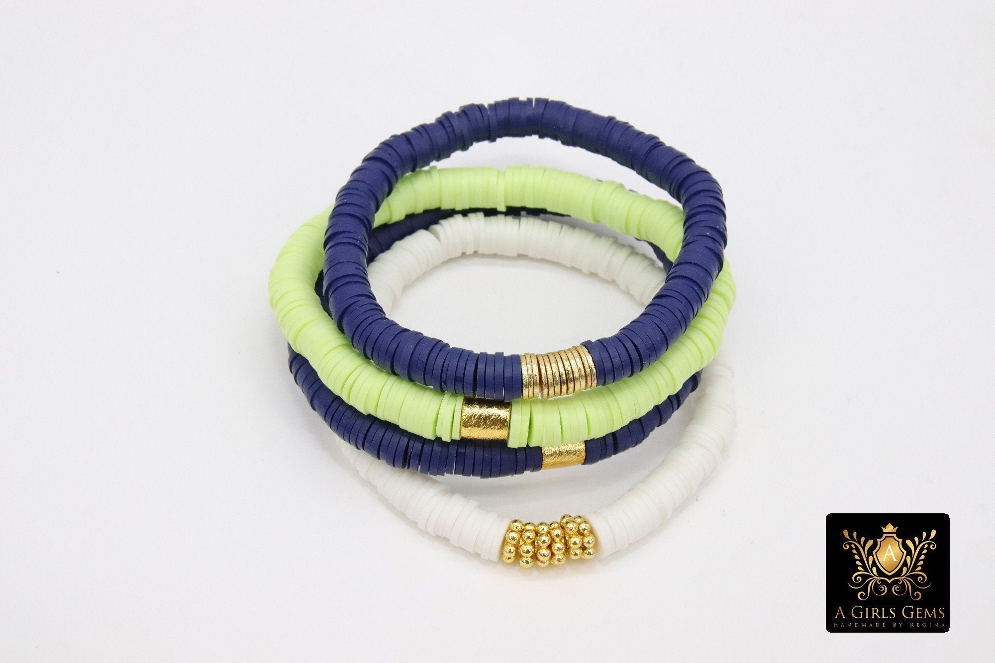 Navy Blue and Lime Gold Stretchy Bracelet #698, Oregon State Fan Team School Spirit Heishi Beaded Bracelet - A Girls Gems