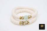 Bone and Mint Blue African Bead Gold Stretchy Bracelet #679, Blush White Heishi Clay Beaded Bracelet
