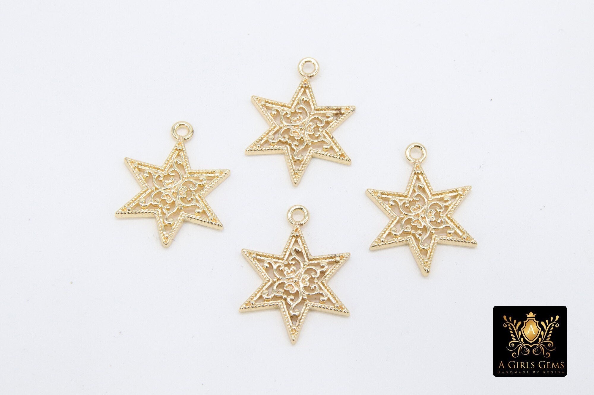 Gold Filled Star Charms, Medium Filigree Dainty Starburst Pendants #124, Bracelet, Earring or Necklace Jewelry, 17 x 22 mm