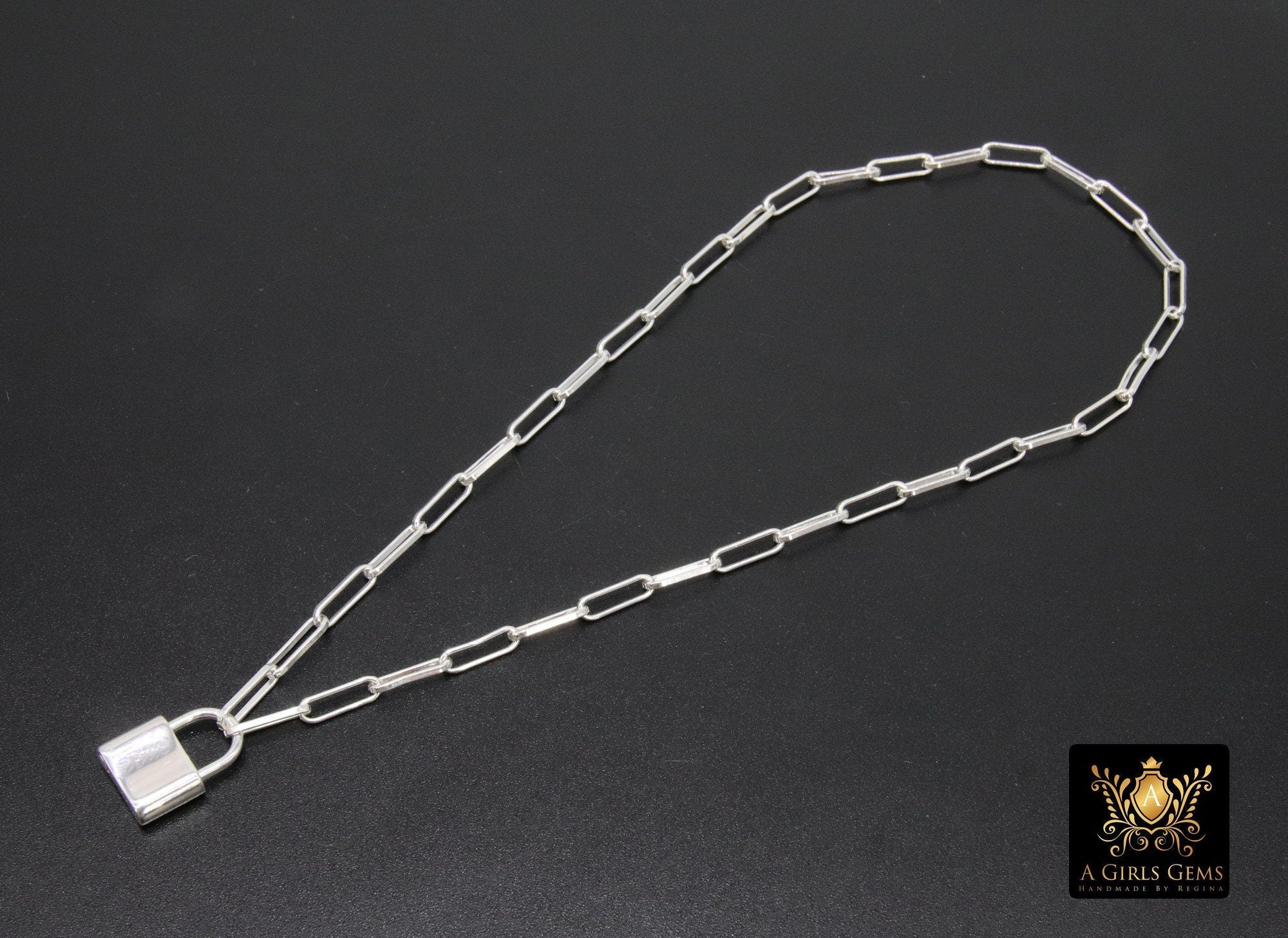 Silver Lock Necklace, Link Chain Necklace, 925 Lock Necklace