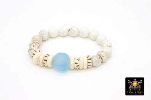 White Bone and Baby Blue African Bead Gold Stretchy Bracelet #679, Blush White Heishi Clay Beaded Bracelet, Sea Glass Jewelry