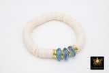White Bone and Baby Blue African Bead Gold Stretchy Bracelet #679, Blush White Heishi Clay Beaded Bracelet, Sea Glass Jewelry