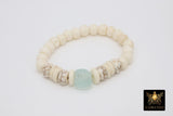 Bone and Mint Blue African Bead Gold Stretchy Bracelet #679, Blush White Heishi Clay Beaded Bracelet - A Girls Gems
