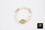 Initial Heishi Gold Stretchy Bracelet #698, Pink White Beige Clay Rondelle Flat Beaded Bracelets