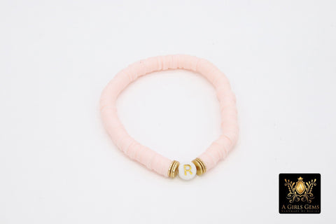 Initial Heishi Gold Stretchy Bracelet #698, Pink White Beige Clay Rondelle Flat Beaded Bracelets