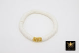 Initial Heishi Gold Stretchy Bracelet #698, Pink White Beige Clay Rondelle Flat Beaded Bracelets