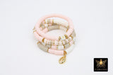 Initial Heishi Gold Stretchy Bracelet #698, Pink White Beige Clay Rondelle Flat Beaded Bracelets, Cowrie Shell Stacks