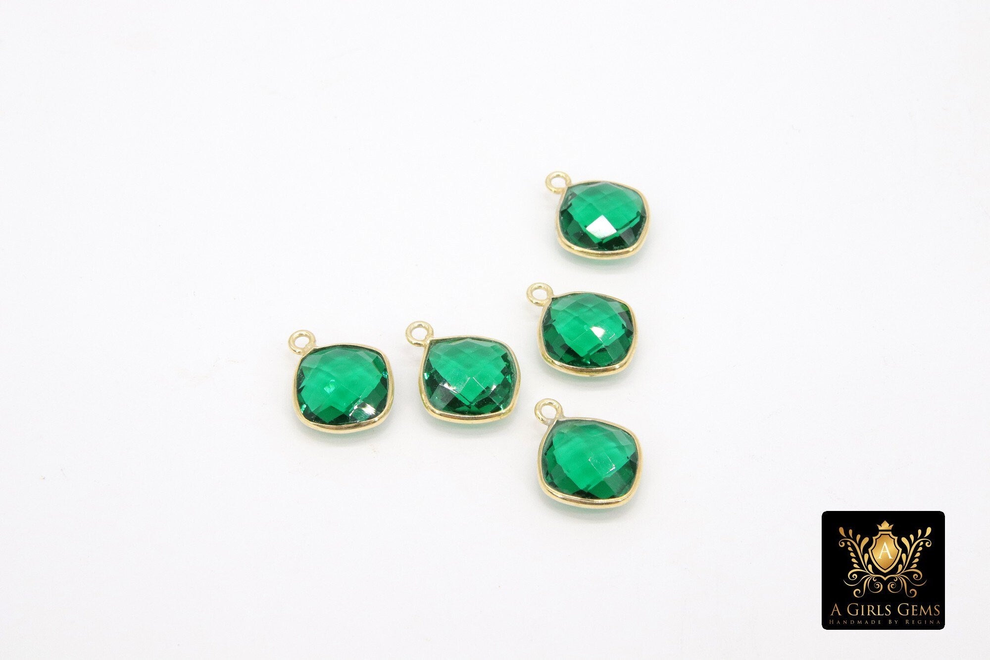 Diamond Emerald Shaped Charms, Gold over 925 Sterling Silver Green Gemstone Charms #2462, May Birthstone Jewelry