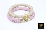 Initial Heishi Gold Stretchy Bracelet #698, Pink Beige and Bone Clay Rondelle Flat Beaded Bracelets, Gold Drum Stacks