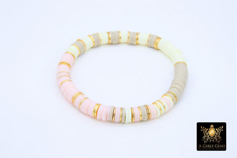 Initial Heishi Gold Stretchy Bracelet #698, Pink Beige and Bone Clay Rondelle Flat Beaded Bracelets, Gold Drum Stacks