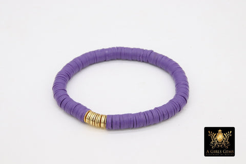 Mardi Gras Heishi Beaded Bracelet, 6 mm Purple Green Gold Saturn Stretchy Bracelet #795, New Orleans Clay Beaded Bracelets