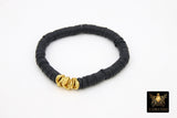 Initial Heishi Gold Stretchy Bracelet #795, Black and White Clay Rondelle Flat Beaded Bracelets, CZ Initial Stacks